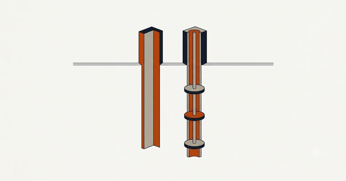 A driven pier beside a screwed pier